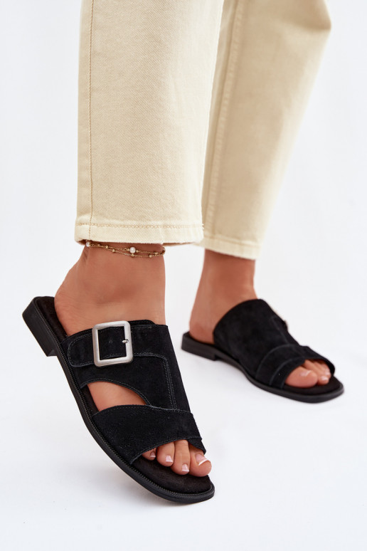 Pantofole da donna in pelle scamosciata con tacchi larghi con fibbie Big Star TT274477 colore nero