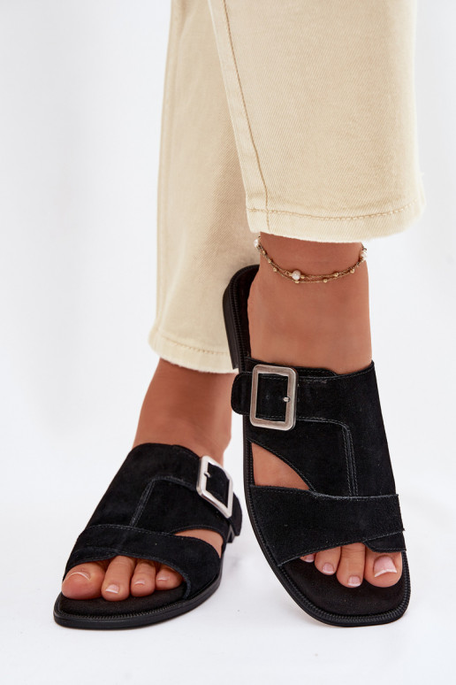 Pantofole da donna in pelle scamosciata con tacchi larghi con fibbie Big Star TT274477 colore nero