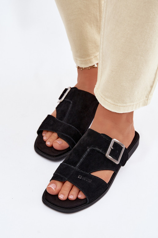 Pantofole da donna in pelle scamosciata con tacchi larghi con fibbie Big Star TT274477 colore nero