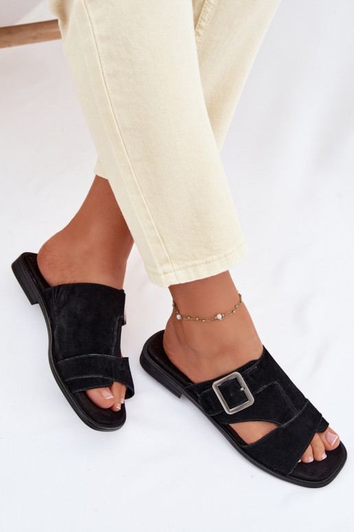 Pantofole da donna in pelle scamosciata con tacchi larghi con fibbie Big Star TT274477 colore nero