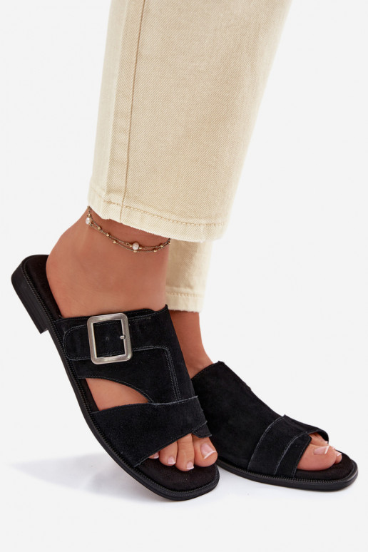 Pantofole da donna in pelle scamosciata con tacchi larghi con fibbie Big Star TT274477 colore nero