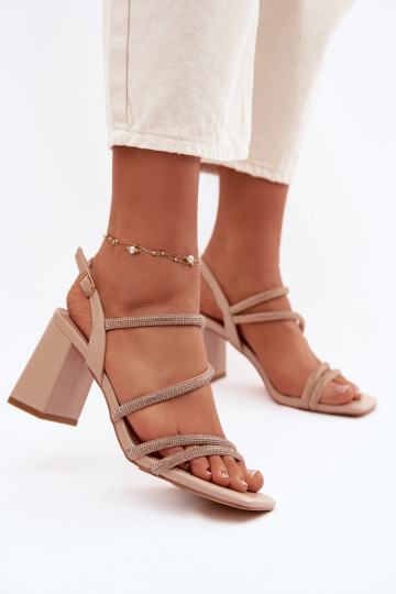 Sandali alti da donna con strisce e zirconi color sabbia Brelia