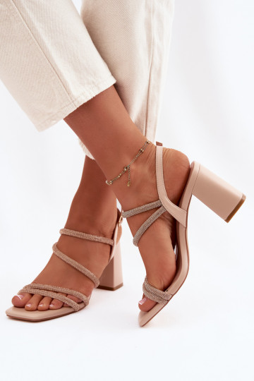 Sandali alti da donna con strisce e zirconi color sabbia Brelia 2