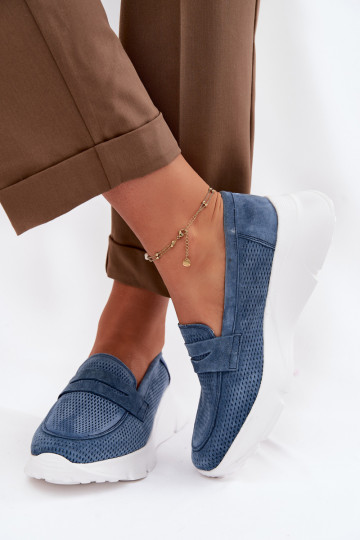 Mocassini da donna in camoscio naturale con piattaforma Vinceza 79626 color blu scuro 2