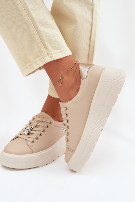 Pelle Scarpe modello sneakers Femminile con una piattaformaPrzypinką Vinceza 39973 beige