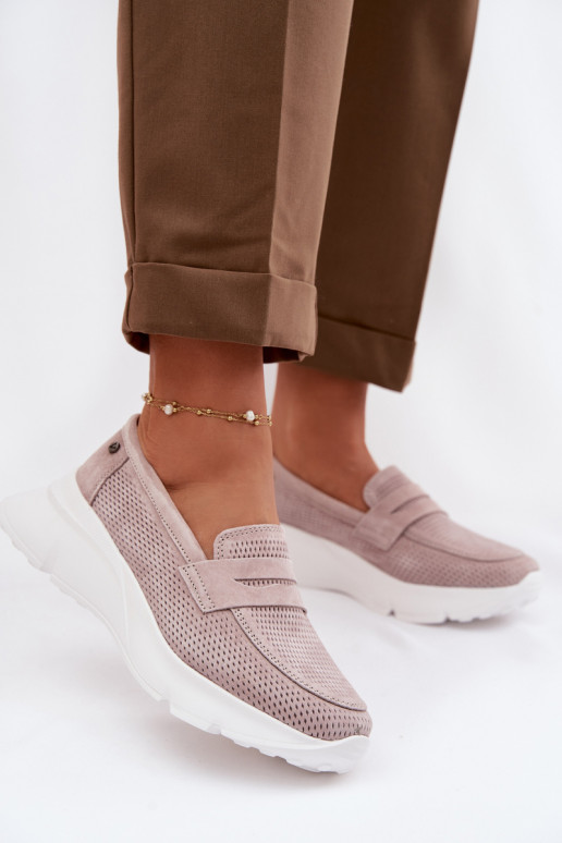 Mocassini da donna in camoscio naturale con piattaforma Vinceza 79626 color sabbia