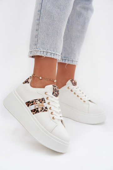 Scarpe modello sneakers Femminile con una piattaformaPrzypinką Colore bianco con motivi di pelliccia di leopardo Palvessa 2