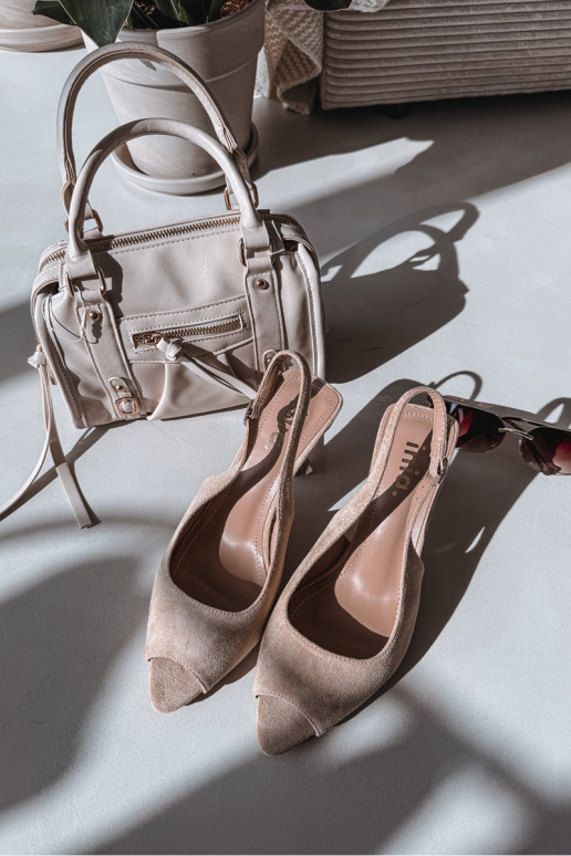 Sandali da donna con tacchi sottili in ecopelle scamosciataoAe beige Sevina