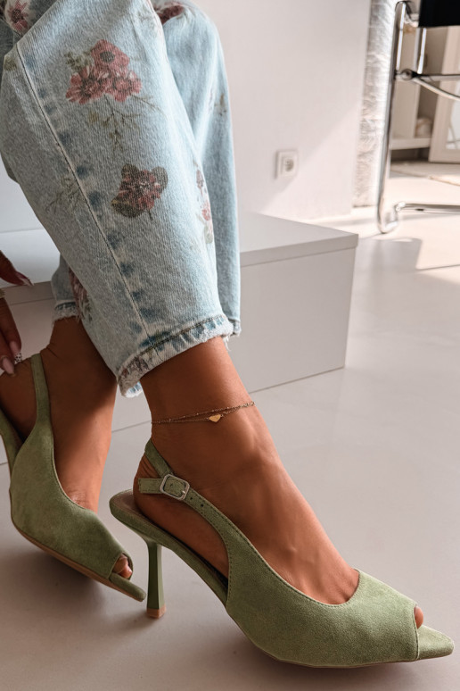 Sandali da donna con tacchi sottili in ecopelle scamosciataoAe colore verde Sevina