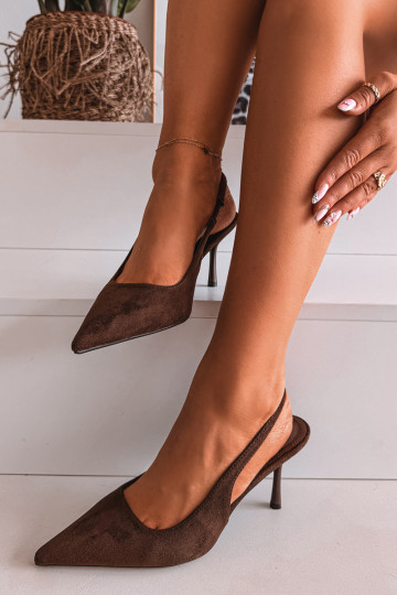 Sandali da donna con tacchi sottiliin ecopelle scamosciatau CzekoladoAe Kevina 2