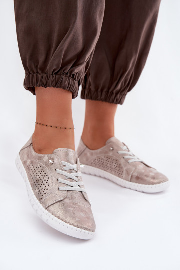 Scarpe da donna traforate in camoscio Feliva color sabbia e oro 2