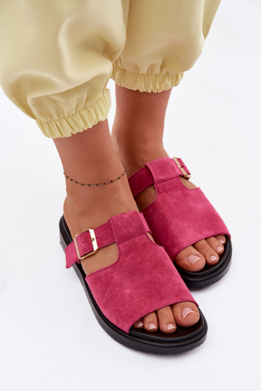 Pantofole da donna in pelle scamosciata con una piattaforma con fibbie dorate colore rosa Zemela
