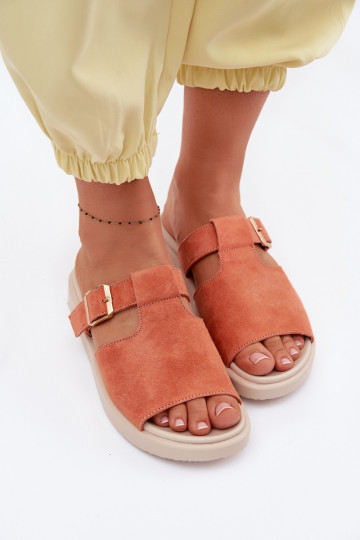 Infradito da donna in camoscio con platform e fibbie dorate Zemela color arancione