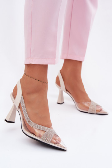Sandali in pelle color avorio trasparenti con strass e tacco Vinceza 62282 2
