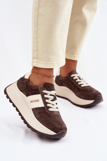 Scarpe sportive da donna con piattaforma in suede naturale color cioccolato Rosinae 2