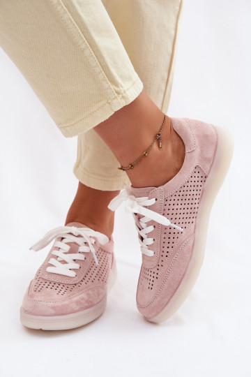 Pelle dalla pelle scamosciata Scarpe modello sneakers Femminile con elementi traforati colore rosa Almora