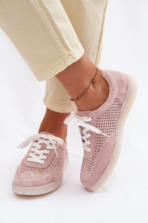 Pelle dalla pelle scamosciata Scarpe modello sneakers Femminile con elementi traforati colore rosa Almora
