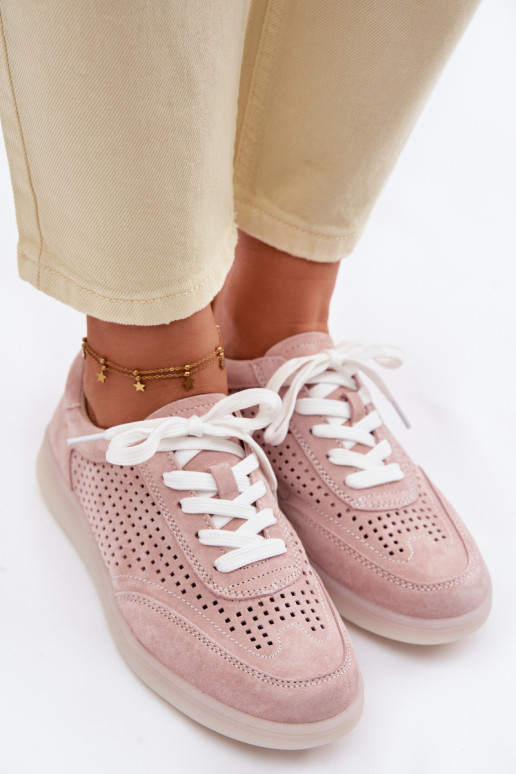 Pelle dalla pelle scamosciata Scarpe modello sneakers Femminile con elementi traforati colore rosa Almora