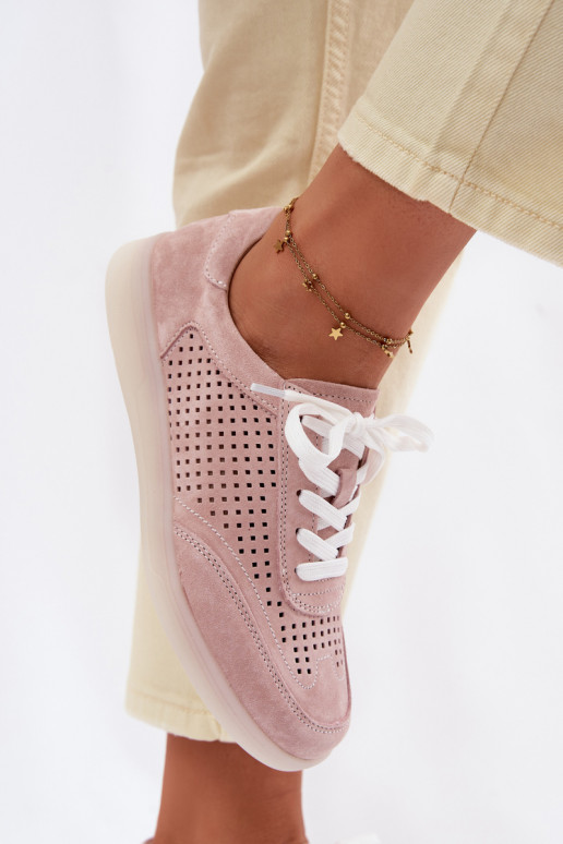Pelle dalla pelle scamosciata Scarpe modello sneakers Femminile con elementi traforati colore rosa Almora