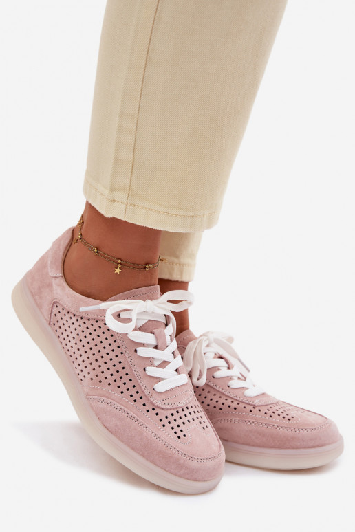 Pelle dalla pelle scamosciata Scarpe modello sneakers Femminile con elementi traforati colore rosa Almora