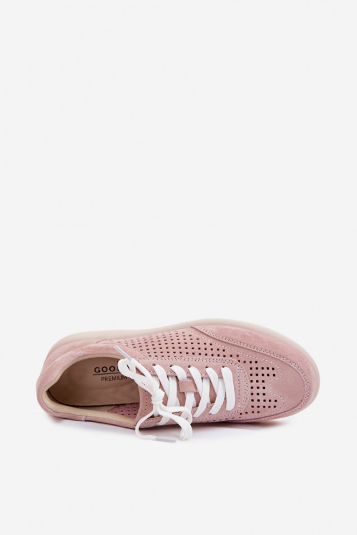 Pelle dalla pelle scamosciata Scarpe modello sneakers Femminile con elementi traforati colore rosa Almora
