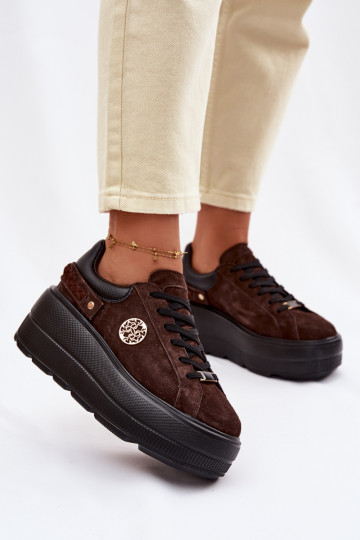 Pelle dalla pelle scamosciata Scarpe modello sneakers Femminile con una piattaforma D&A LR61-7094 CzekoladoAe