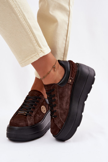 Pelle dalla pelle scamosciata Scarpe modello sneakers Femminile con una piattaforma D&A LR61-7094 CzekoladoAe 2