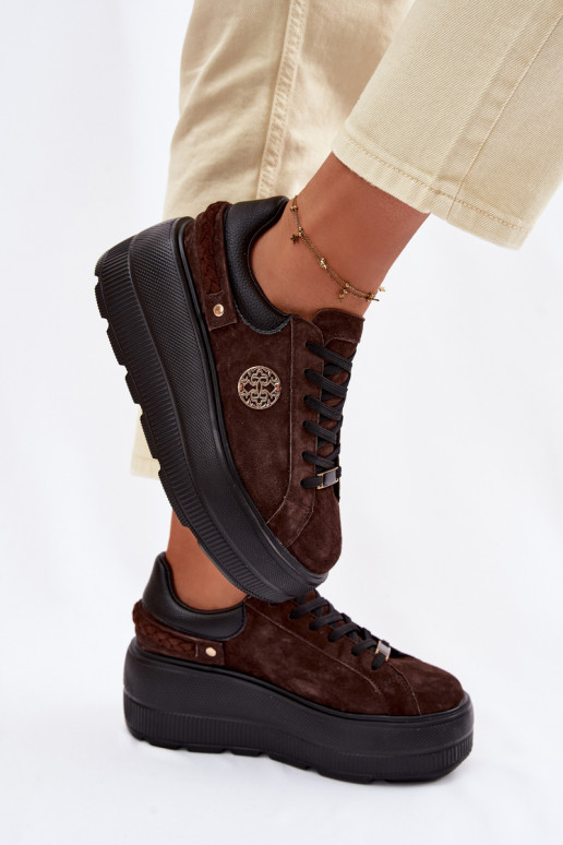 Pelle dalla pelle scamosciata Scarpe modello sneakers Femminile con una piattaforma D&A LR61-7094 CzekoladoAe