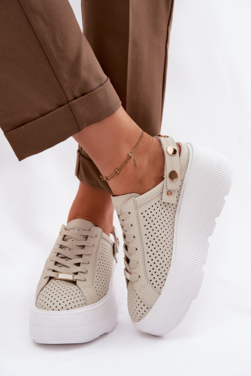 Scarpe sportive in pelle con dettagli traforati da donna con piattaforma e cinturini D&A LR61-7088 sabbia