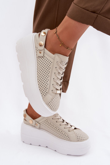 Scarpe sportive in pelle con dettagli traforati da donna con piattaforma e cinturini D&A LR61-7088 sabbia 2