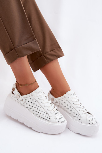 Scarpe sportive in pelle con dettagli traforati da donna con piattaforma e cinturini D&A LR61-7088 bianche