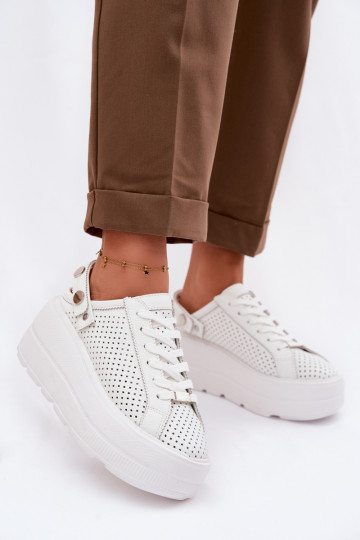 Scarpe sportive in pelle con dettagli traforati da donna con piattaforma e cinturini D&A LR61-7088 bianche 2