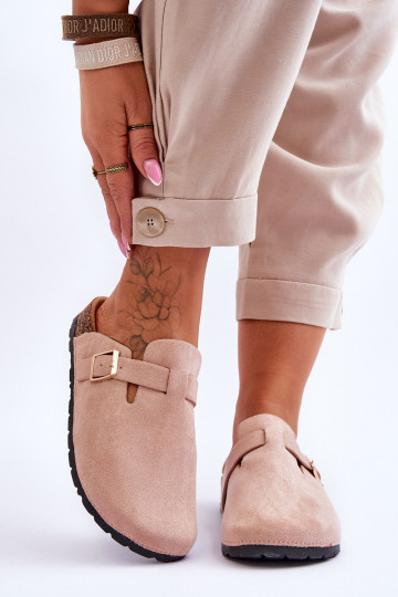 Pantofole in suede su piattaforma di sughero color sabbia Vellma
