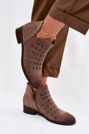Stivaletti da donna traforati con tacco largo Vinceza 58626 color sabbia