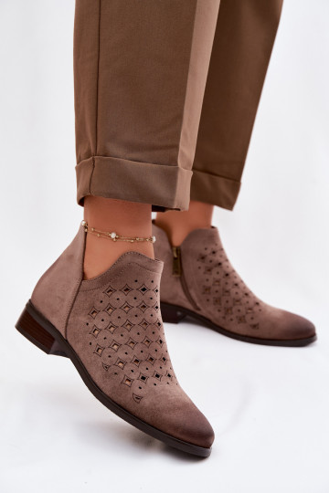 Stivaletti da donna traforati con tacco largo Vinceza 58626 color sabbia 2