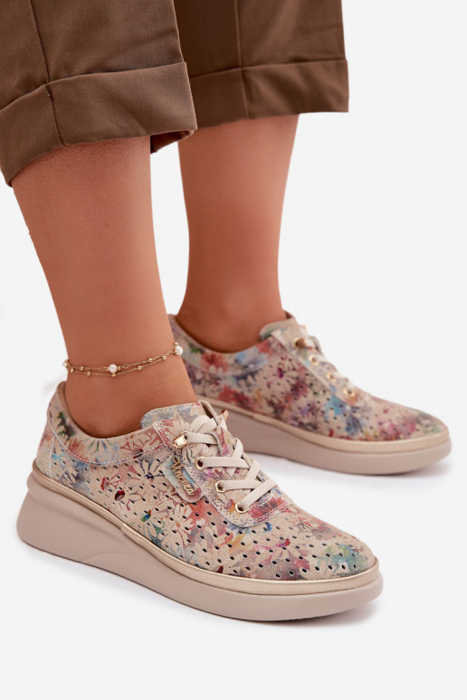 Pelle scamosciata traforata scarpe Femminile Vinceza 79603 beige