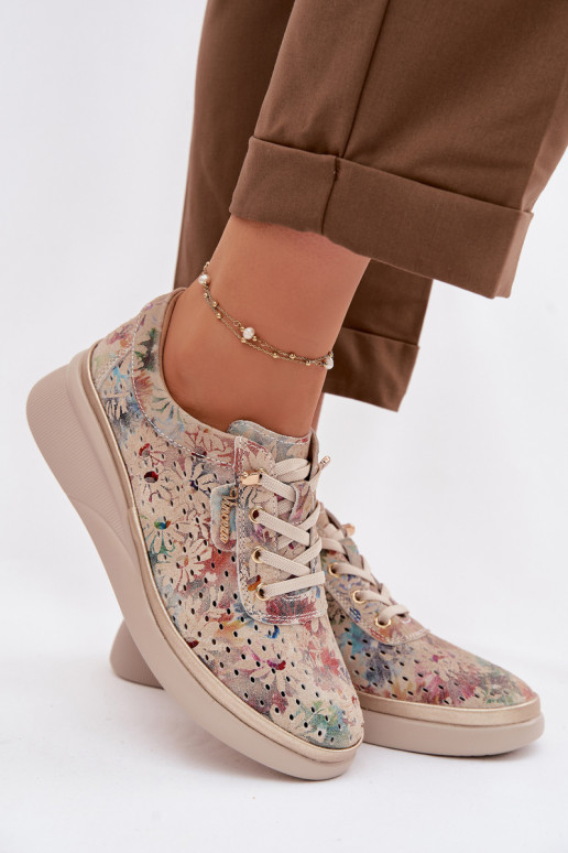 Pelle scamosciata traforata scarpe Femminile Vinceza 79603 beige