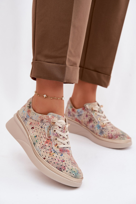 Pelle scamosciata traforata scarpe Femminile Vinceza 79603 beige