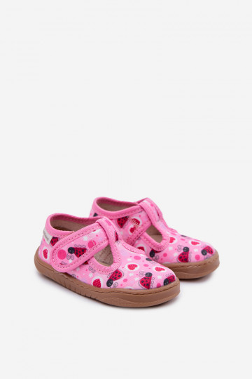Ciabatte per bambini Barefoot con motivo di coccinelle e cuori con chiusura adesiva Milami rosa Talirae