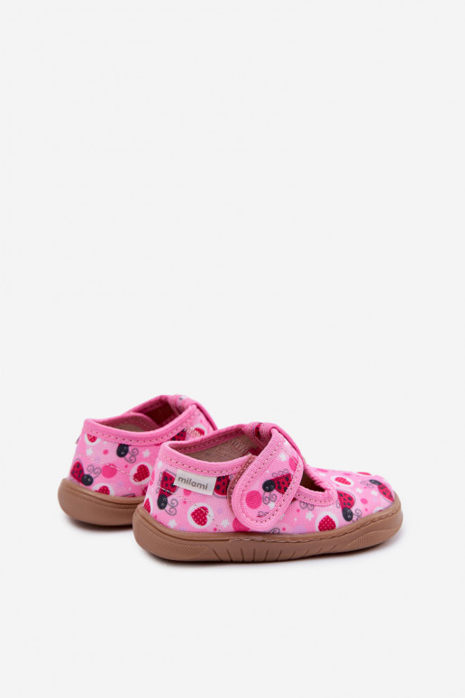 Pantofole Barefoot Infantile Coccinelle con i cuori con chiusure adesive Milami colore rosa Talirae