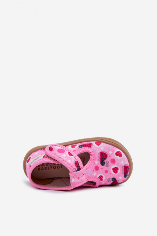 Pantofole Barefoot Infantile Coccinelle con i cuori con chiusure adesive Milami colore rosa Talirae