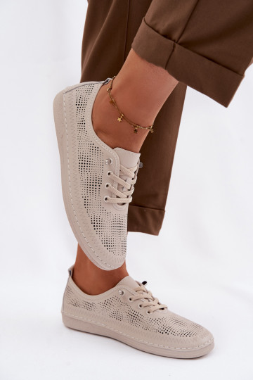 Scarpe in pelle donna con elementi a traforo S.Barski LR61-7083 color sabbia