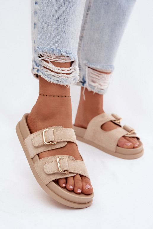 Pantofole da donna Ze colore doratomi con fibbiemi beige Pelorin