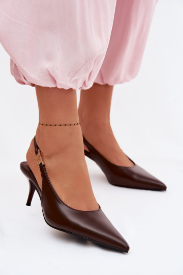 Sandali color cioccolato da donna in pelle sintetica con tacco sottile Jelissey 2