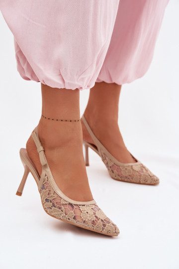 Sandali da donna con tacchi sottili con pizzo beige Pelivelle