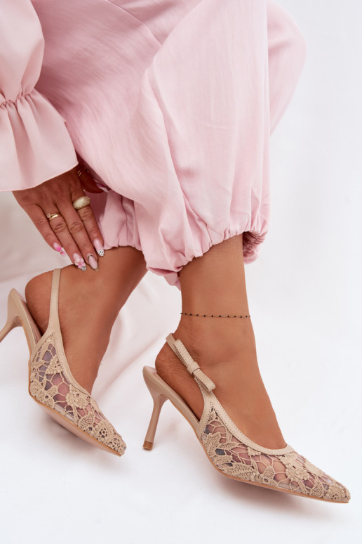 Sandali da donna con tacchi sottili con pizzo beige Pelivelle