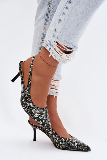 Decorato Sandali da donna con tacchi sottili con fiori colore nero Olivelle