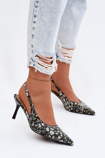 Decorato Sandali da donna con tacchi sottili con fiori colore nero Olivelle 2