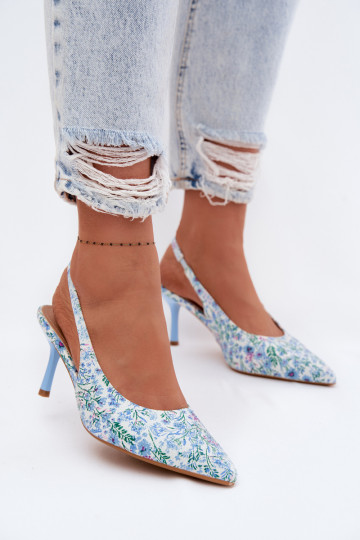 Decorato Sandali da donna con tacchi sottili con fiori colore blu Olivelle