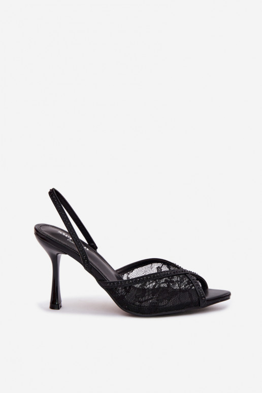 Sandali da donna con tacchi sottili con pizzo I Zdobieniem colore nero Melivelle